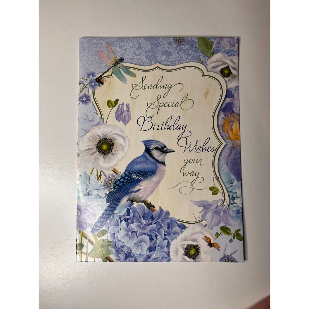 Garden Inspirations Blue Bird Flowers & Bugs Happy Birthday‎ Greetings Card